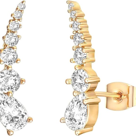 Jewelry - 14K Gold Plated Cubic Zirconia Ear Crawler Stud Earrings for Women - Faux Diamon